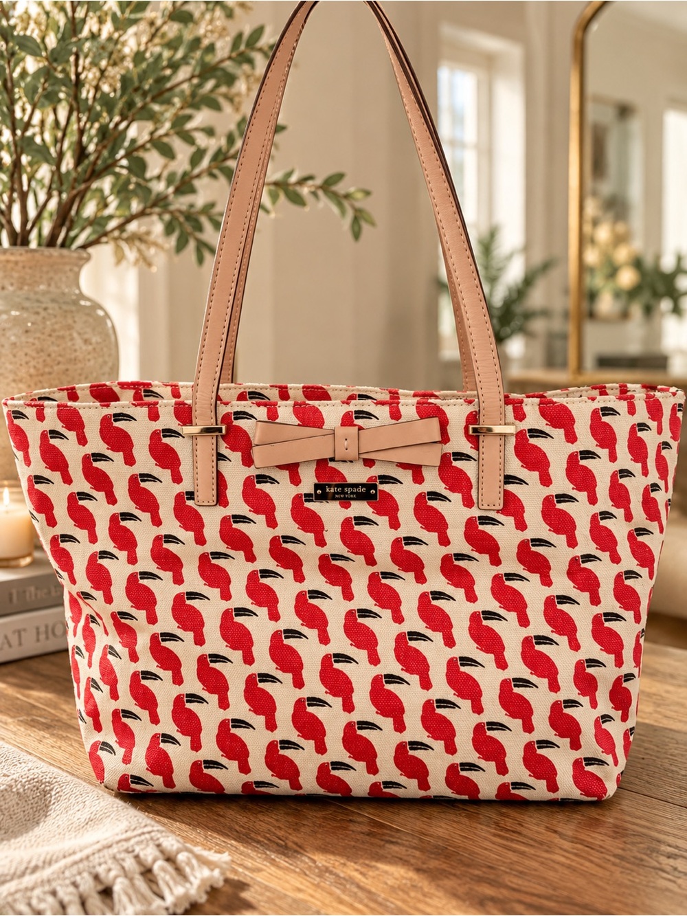 kate spade cream tote with red parrot print and tan handles